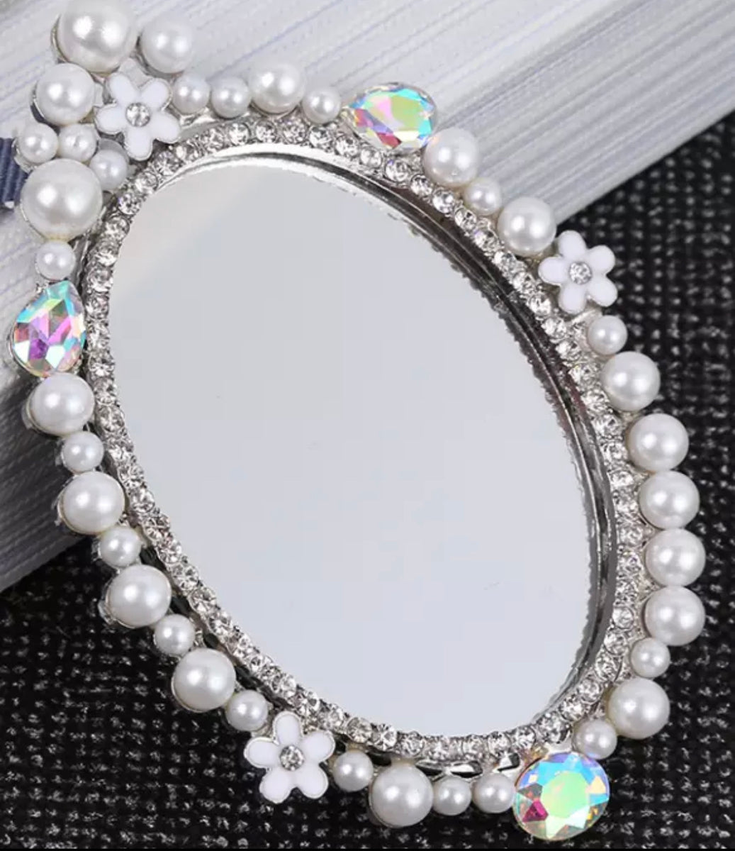 Pearl Rim Flat Back Makeup Mirror - Pearl White