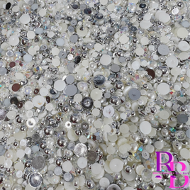 Silver Cream Rhinestone and Pearl Resin Flat back Loose Mix 2mm to 8mm