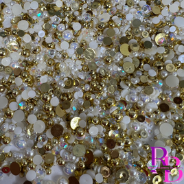 Gold Cream Rhinestone and Pearl Resin Flat back Loose Mix 2mm to 8mm