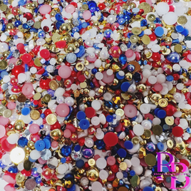 Goldy Red White & Blue Rhinestone and Pearl Resin Flat back Loose Mix 2mm to 8mm