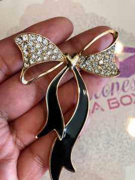 Bow with Rhinestones Gold Plated Flat Back Alloy - Black